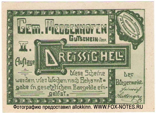 Gemeinde Meggenhofen 30 Heller 1920