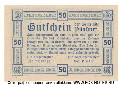 Notgeld der Gemeinde Pöndorf / Gutschein der Gemeinde Pöndorf. 13. Juni 1920.