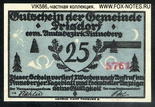 Gutschein der Gemeinde Prisdorf 25 Pfennig 1921.