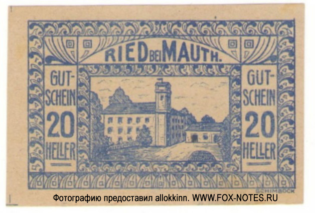 Gutschein der Gemeinde Ried bei Mauthausen 20 Heller