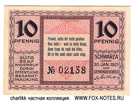 Gemeinde Schwarza 10 Pfennig 1921