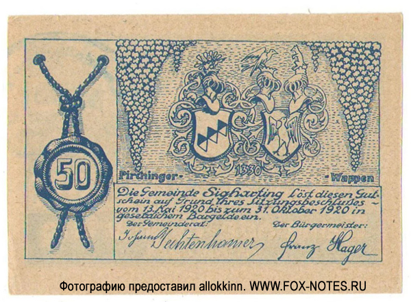Gemeinde Sigharting 50 Heller 1920