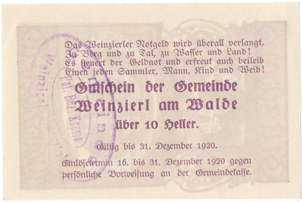 Gutschein der Gemeinde Weinzierl am Walde. 10 Heller. Gültig bis 31. Dezember 1920.