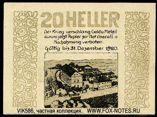 Gutschein der Gemeinde Wimpassing an der Pielach 20 Heller 1920