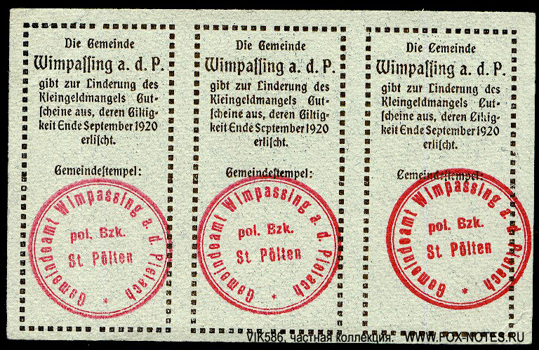 Gutschein der Gemeinde Wimpassing an der Pielach. N.D. - Ende September 1920