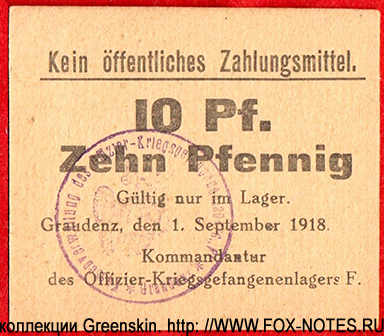 Graudenz Offizier-Kriegsgefangenenlager Gutschein. 10 Pfennig. 1. September 1918.