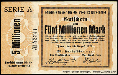Handelskammer für die Provinz Birkenfeld 5 Millionen Mark 1923