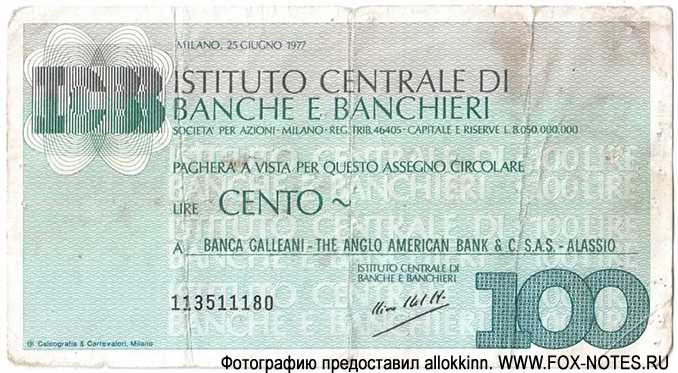 INSTITUTO CENTRALE DI BANCHE E BANCHIERI 100 lire 1977
