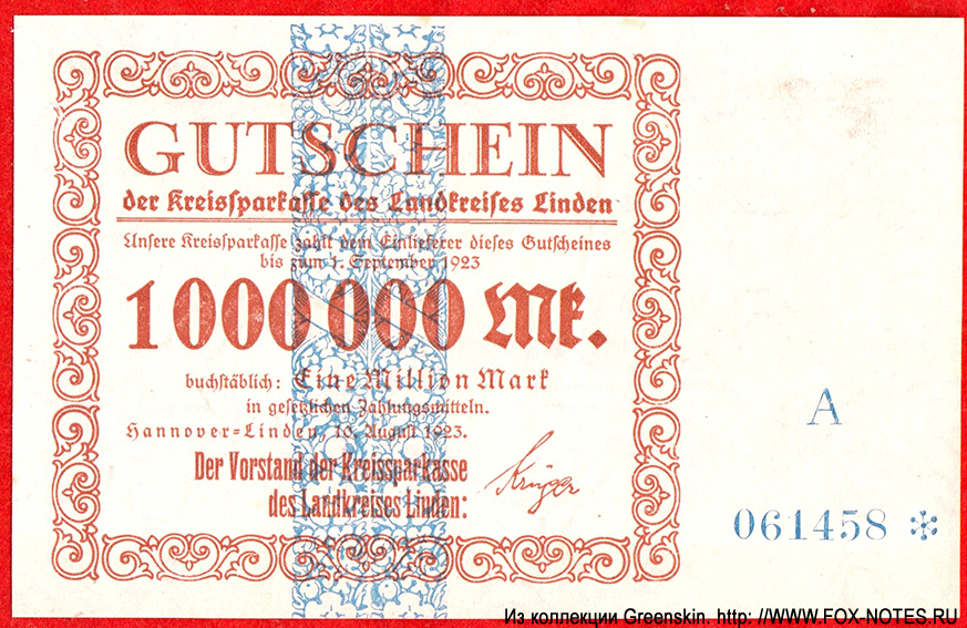 Kreissparkasse des Landeskreies Linden 1000000 Mark 1923
