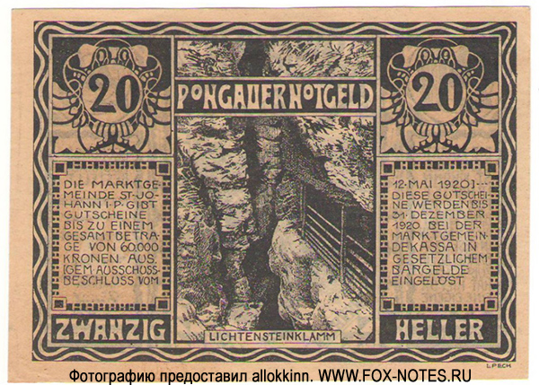 Marktgemeinde Sankt Johann im Pongau. Pongauer Notgeld. 20 Heller. 12. Mai 1920.