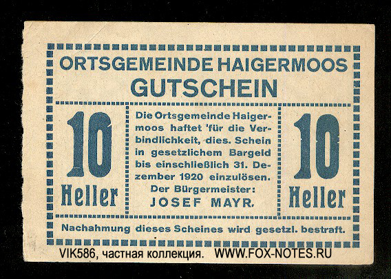 Ortsgemeinde Haigermoos 10 Heller 1920