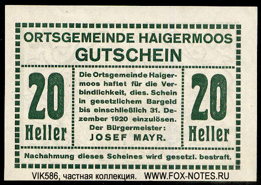 Ortsgemeinde Haigermoos 20 Heller 1920