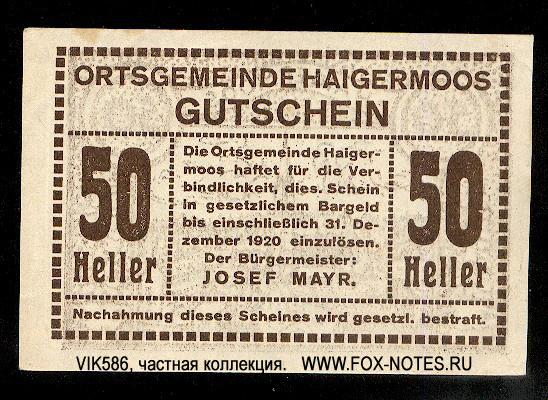 Ortsgemeinde Haigermoos 50 Heller 1920
