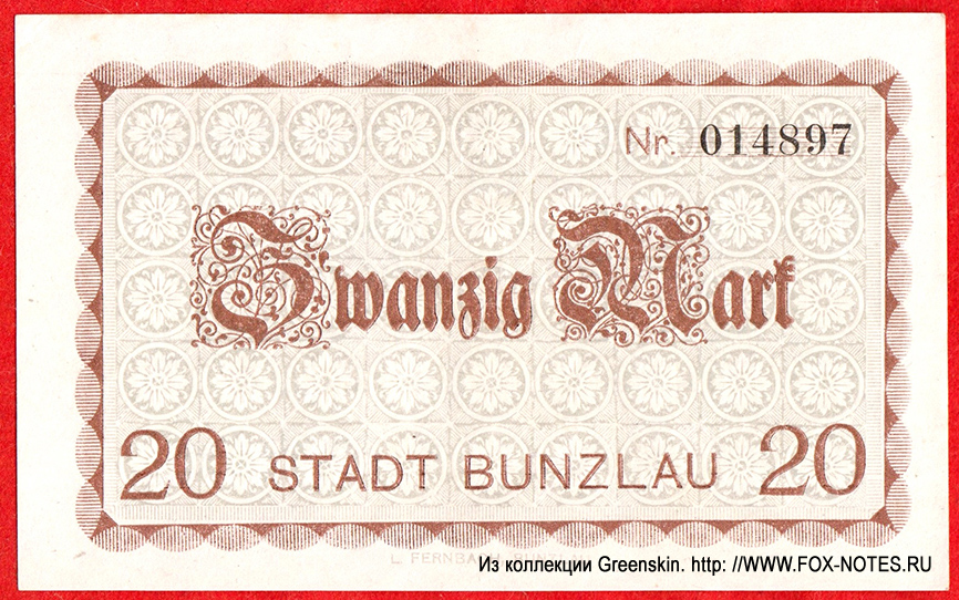 Stadt Bunzlau 20 Mark 1918