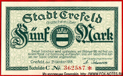Stadt Crefeld 5 Mark 1918