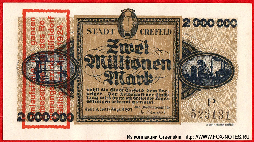 Stadt Crefeld 2 Millionen Mark 1923