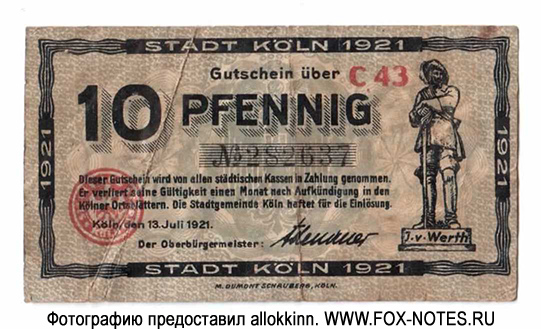 Stadt Köln  10 Pfennig. 1921.