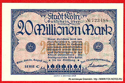 Stadt Köln 20 Millonen Mark 1923