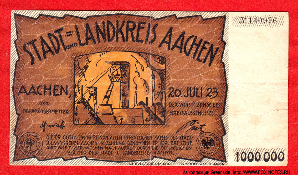 Stadt- und Landkreis Aachen 1 Million Mark 1923