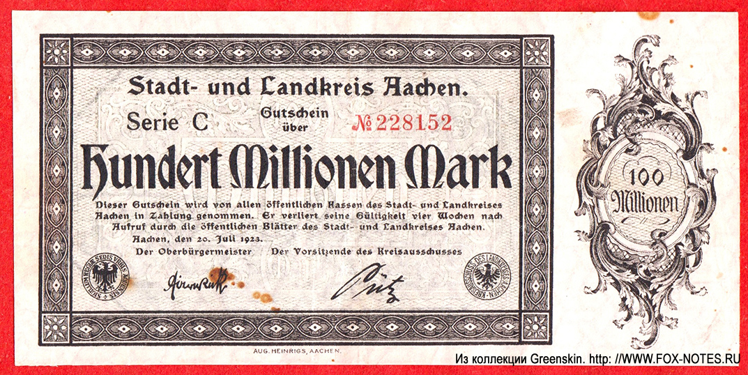 Stadt- und Landkreis Aachen 100 Millionen Mark 1923