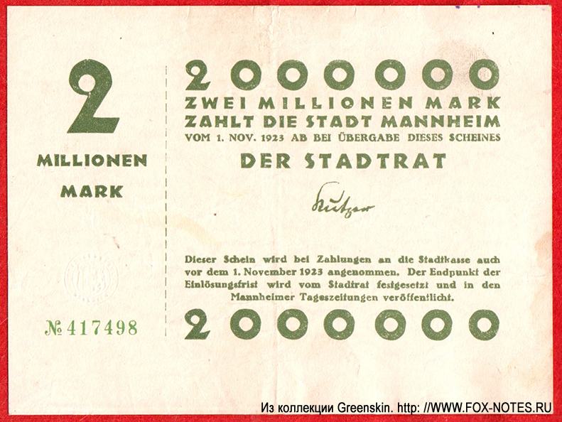 Stadt Mannheim. 2 Millionen Mark 1923