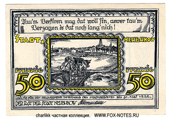 Stadt Neubukow Reutergeld. 1922.