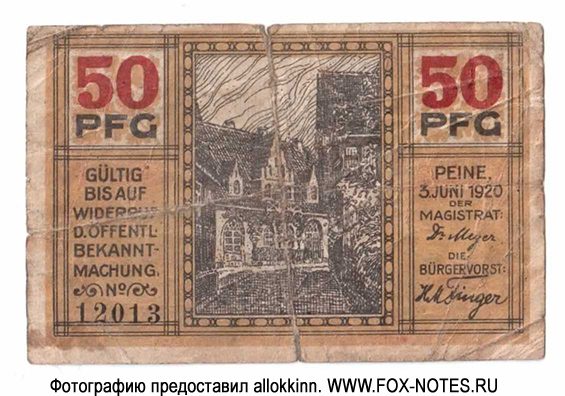 Notgeld der Stadt Peine. 50  Pfennig. 3. Juni 1920.