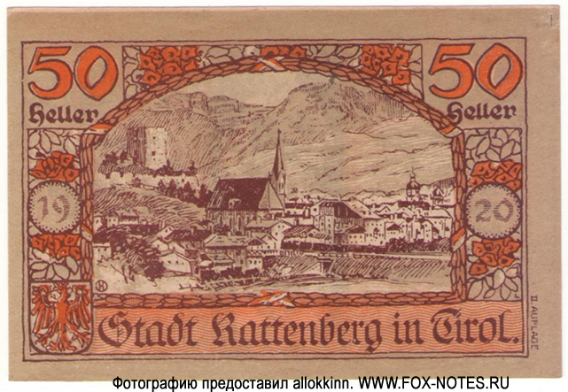 Stadt Rattenberg in Tirol Kassenschein 50 Heller 1920 II AUFLAGE