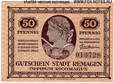 Gutschein Stadt Remagen. 50 Pfennig. 1921.