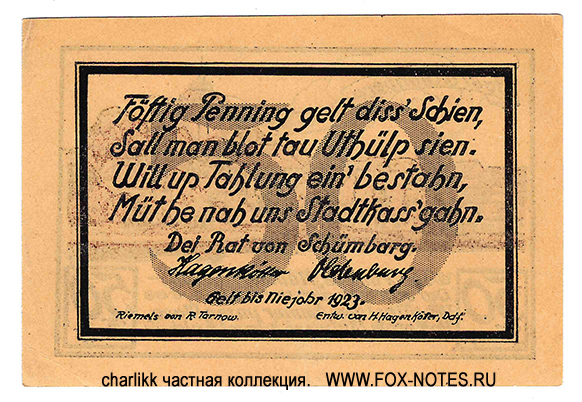 Stadt Schönberg 50 Pfennig 1921.