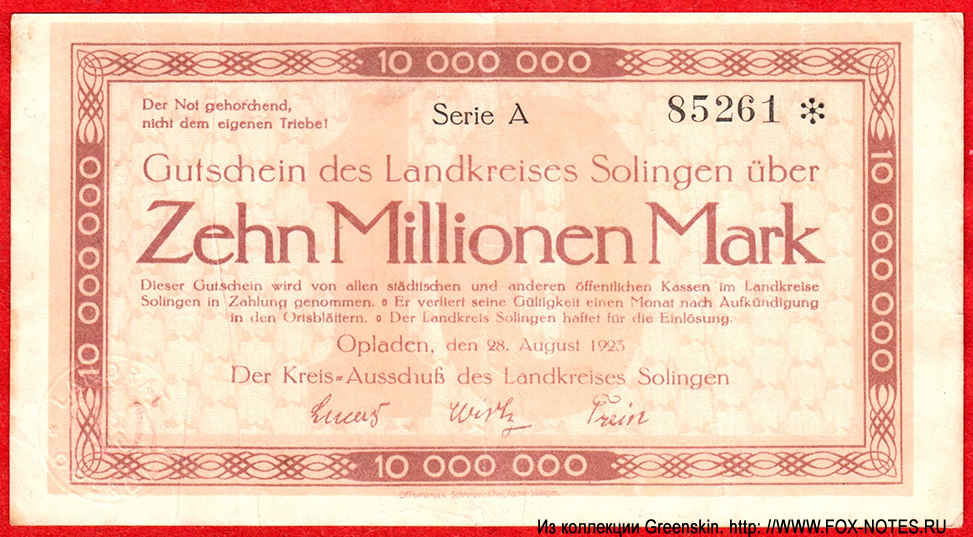 Gutschein des Landkreises Solingen. 10 Millionen Mark. 28. August 1923.