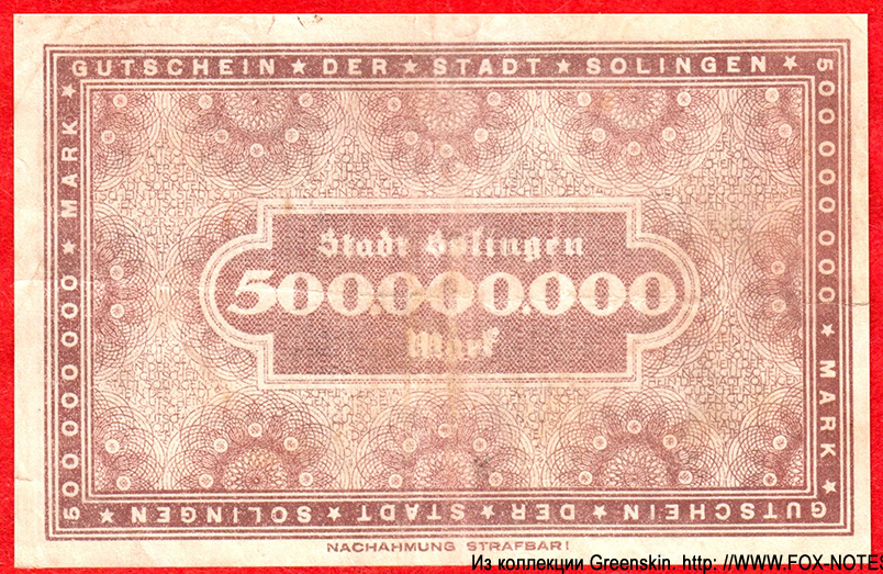 Gutschein der Stadt Solingen. 500 Millionen Mark.  20. September 1923.
