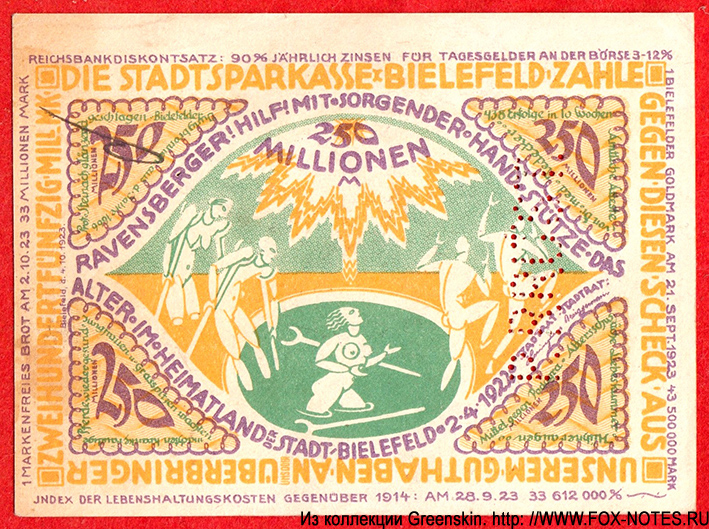 Stadt Sparkasse Bielefeld 250 Mark Mark 1923