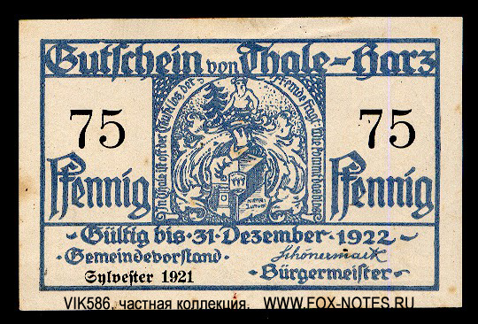 Stadt Thale a. Harz 75 Pfennig 1921