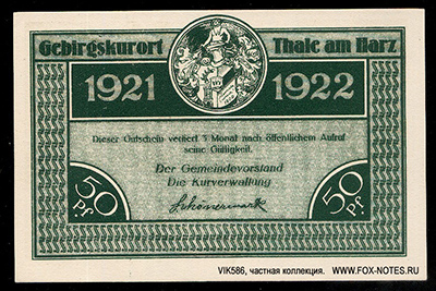Stadt Thale a. Harz 50 Pfennig 1921 1922