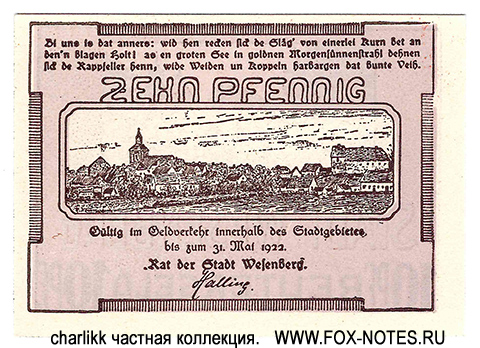 Reutergeld der Stadt Wesenberg 10 Pfennig 1922