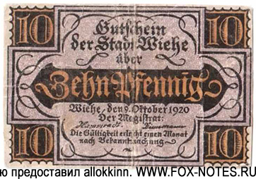 Gutschein der Stadt Wiehe. 10 Pfennig. 1920.