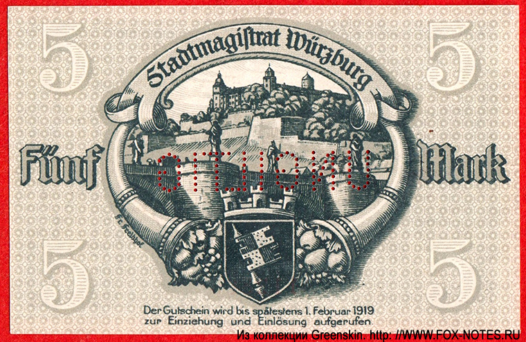 Gutschein der Stadt Würzburg. 8. Oktober 1918.