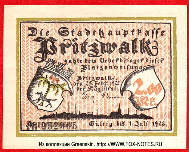 Stadtgauptkasse Pritzwalk. 2 Mark 1922