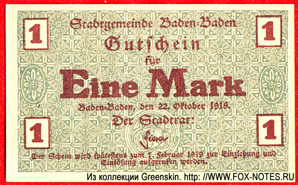 Stadtgemeinde Baden-Baden 1 Mark 1918
