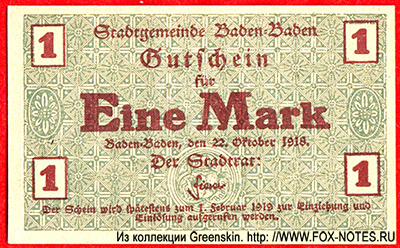 Stadtgemeinde Baden-Baden 1 Mark 1918