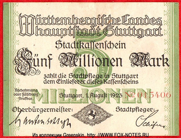 Württembergische Landes Hauptstadt Stuttgart 5 millionen mark 1923