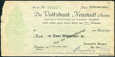 Volksbank Neustadt (Baden)2 Milliarden Mark. 1923.