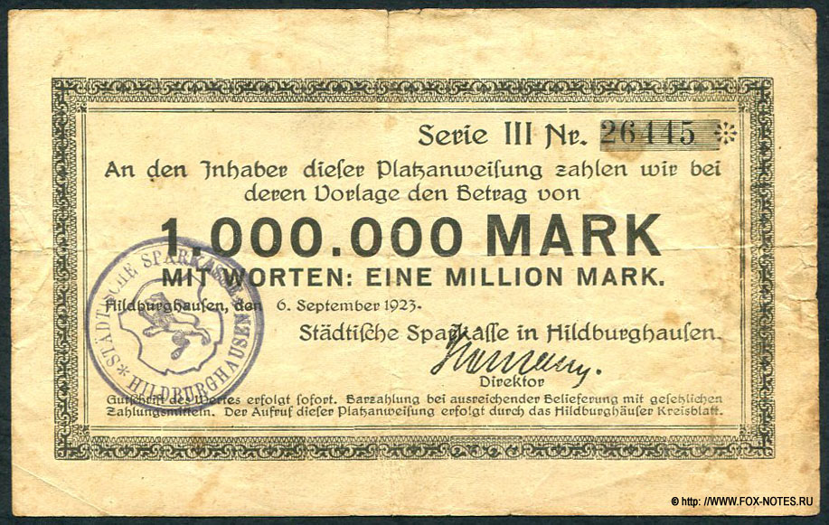 Städtische Sparkasse in Hildburghausen. 1 Million Mark. 6. September 1923.