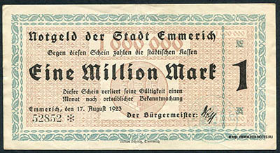 Notgeld der Stadt Emmerich. 1 Million. Mark. 17. August 1923.