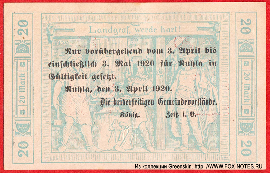 Städte Ruhla Kriegs-Notgeld. 20 Mark. Ruhla, den 20. November 1918.