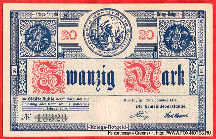 Städte Ruhla Kriegs-Notgeld. 20 Mark. Ruhla, den 20. November 1918.