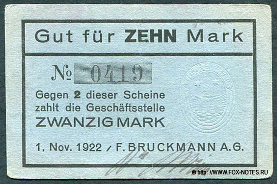 10 Mark 1922 F. Bruckmann AG, München (Bayern)