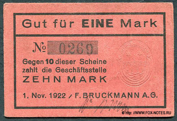 1 Mark 1922 F. Bruckmann AG, München (Bayern)