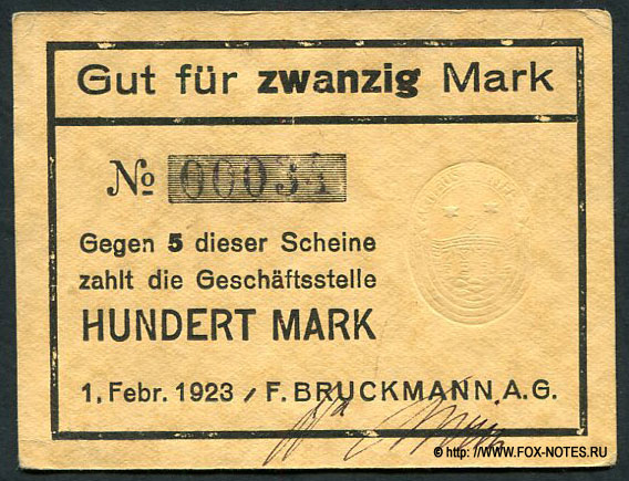 20 Mark 1922 F. Bruckmann AG, München (Bayern)